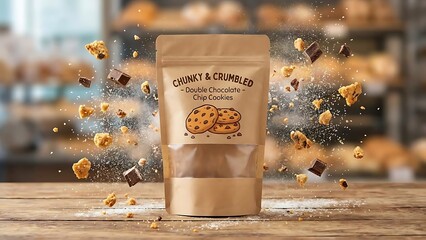 Pouch of Chocolate Chip Cookies with Flying Crumbs