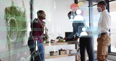 Talking three colleagues wearing business casual, sharing cake at office lounge with balloons, AR