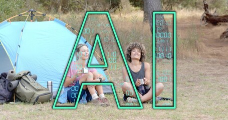 Sitting two women in casual camping clothes sipping mugs at campsite with blue tent, AI graphic