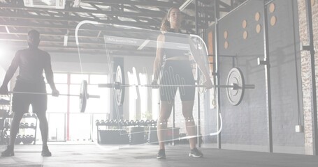 Lifting woman wearing black tank top, black shorts, holding loaded barbell in gym with HUD overlay