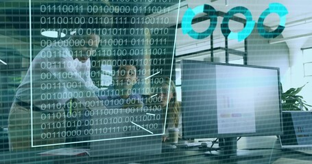 Reviewing three business-casual colleagues pointing at laptop in open-plan office, with AR overlay