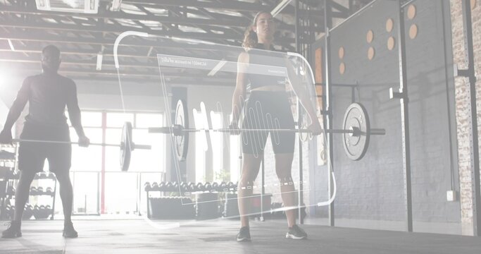 Lifting woman wearing black tank top, black shorts, holding loaded barbell in gym with HUD overlay - Powered by Adobe