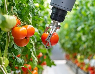 Close up of robot hand picking fresh red tomatoes. Innovative greenhouse automation, future of farming, high-tech agricultural robot, and industrial robotic harvesting.