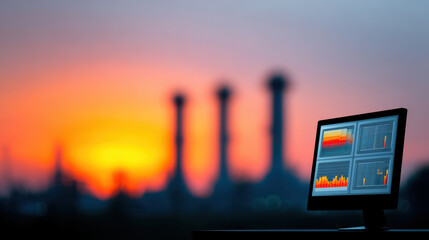 Digital intelligence and innovation drive future progress shown on computer screen with data charts at sunset industrial background
