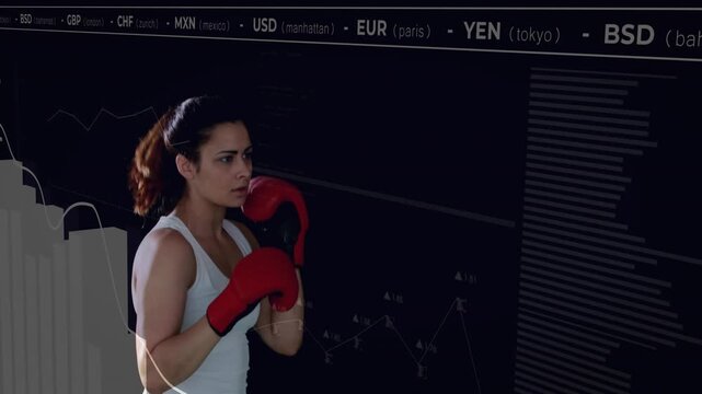 Woman boxer shifting weight and practicing punches and guard while finance ticker overlaying form