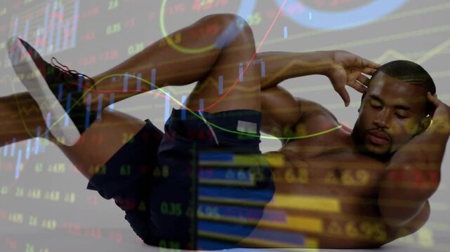 Man lifting shoulders, doing bicycle crunches with floating stock charts over body, training core