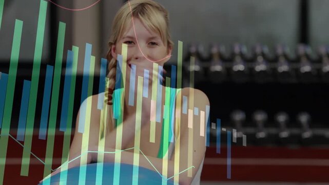 Woman posing on blue ball, color bars sweeping left overlaying face, camera reframing for fitness