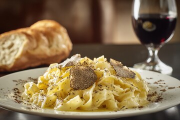 A Culinary Symphony: A close-up shot showcasing a plate of exquisite pasta topped with slices of luxurious truffle and a slice of bread, accompanied by a glass of red wine.