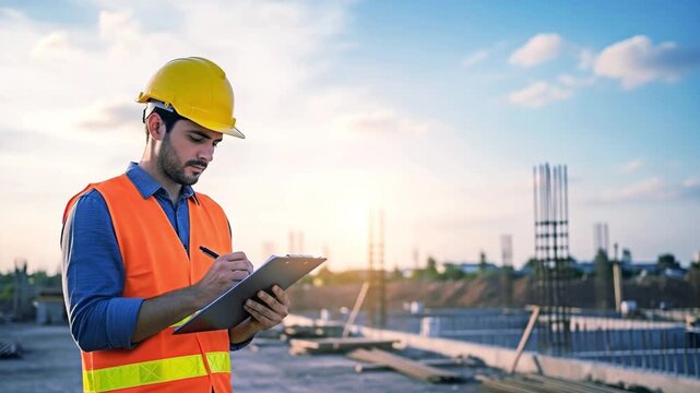 A construction worker checking construction progress for the concept of Construction and building industry.