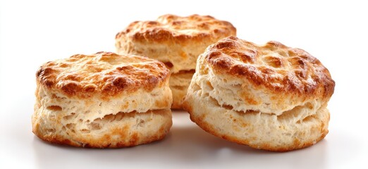 Buttery Biscuit Bliss: Three golden-brown biscuits sit, showcasing their perfect texture and tempting aroma, a culinary delight.
