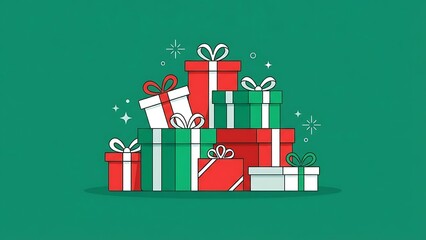 Stack of Christmas Presents with Ribbons on Green Background