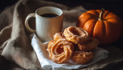 Cozy Autumn Spread: A close-up shot captures the inviting scene of a coffee mug, donuts, and a pumpkin, offering warmth and seasonal charm.