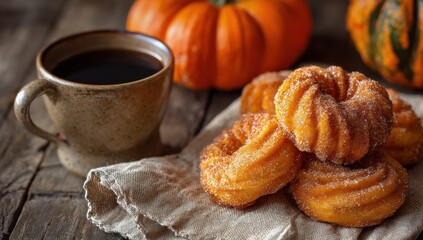 Autumnal Treats: A warm autumn scene with a cup of coffee alongside tempting donuts and pumpkins, capturing the essence of fall's comfort and flavor.