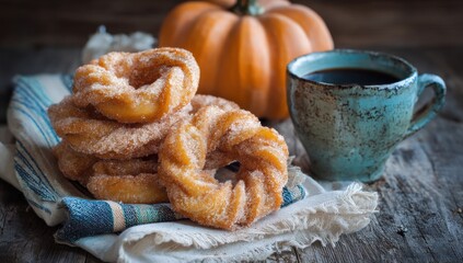 Autumnal Comforts: A delightful still-life composition of ring-shaped doughnuts, a steaming cup of coffee, and a vibrant pumpkin, creating a cozy and inviting autumn scene.