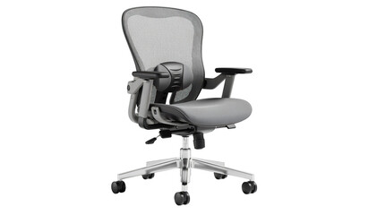 Ergonomic office chair with adjustable lumbar support and padded seat designed for optimal back comfort in a white studio setting on isolated background.