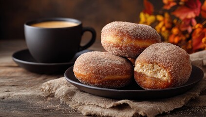 Cozy Donut Delight: A tempting still-life arrangement featuring fresh, sugar-dusted donuts resting alongside a steaming cup of coffee, inviting you to indulge in a moment of pure culinary comfort. 