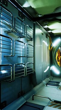 Compact crew quarters with stacked bunks featuring metal ladders, narrow passage, storage lockers, soft warm lighting, utilitarian sleeping pod aesthetic