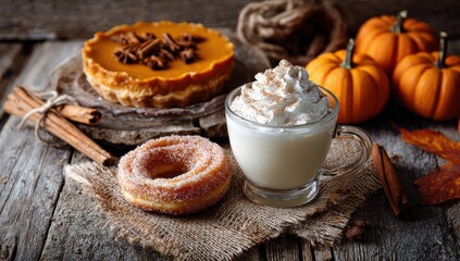 Autumnal Feast: Pumpkin Pie, Latte, and Doughnut: A mouthwatering arrangement of a slice of pumpkin pie, a creamy latte with whipped cream and a glazed doughnut. captured the essence of fall. 