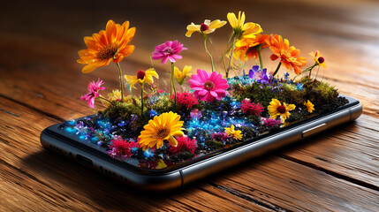Un concept de d&eacute;tox num&eacute;rique et de pleine conscience montrant un smartphone g&eacute;n&eacute;rique sur une table en bois dont l'&eacute;cran fait pousser de douces fleurs color&eacute;es