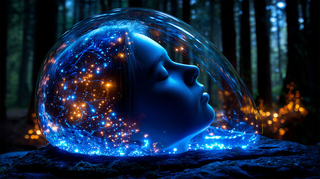 Un concept de bulle protectrice lumineuse isolant la t&ecirc;te d'une femme endormie. M&eacute;taphore visuelle de l'activit&eacute; c&eacute;r&eacute;brale et du sommeil profond au c&oelig;ur d'une for&ecirc;t sombre et bioluminescente