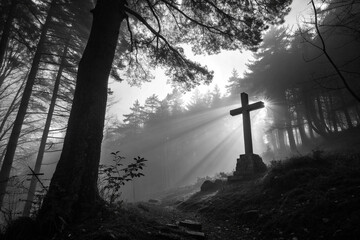 Minimal Cross in Deep Shadow Symbolizing Lenten Mystery