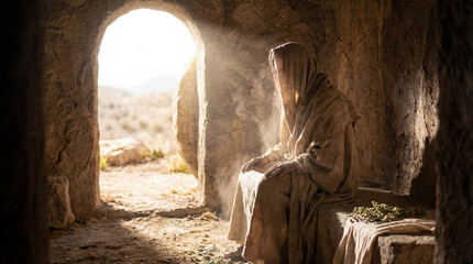 Risen Jesus Christ sitting inside the empty tomb with the stone rolled away. Biblical scene of the Resurrection morning with divine light streaming in. Religious Easter concept of victory over death.
