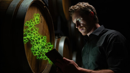 Man uses digital intelligence on tablet to innovate future technology with digital molecular structures enhancing digital literacy and innovation