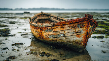 Abandoned and weathered wooden boat resting on a tidal mudflat