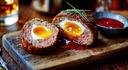 Delectable Scotch Eggs: A culinary delight featuring a perfectly cooked soft-boiled egg enveloped in seasoned sausage, crisped to golden perfection, and served on a rustic wooden board.