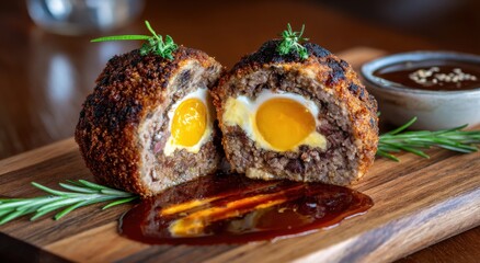 Savory Scotch Egg Delight: A close-up shot of a halved Scotch egg reveals a perfectly cooked egg encased in a flavorful meat, with a drizzle of rich sauce.