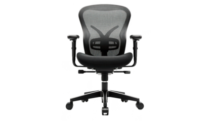 Ergonomic office chair with adjustable lumbar support and padded seat designed for optimal back comfort in a white studio setting on isolated background.