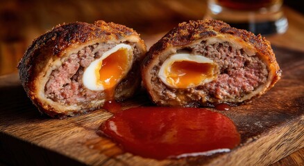 Savory Scotch Egg Delight: A close-up shot of two golden-brown scotch eggs, showcasing a perfectly cooked egg encased in a savory meat, with a side of ketchup