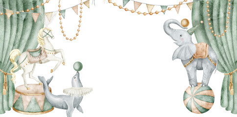 Circus stage background with curtains and carnival animals watercolor illustration. Backdrop with elephant, seal and horse for children posters, nursery wall art. Art for baby birthday invitations. © Alisles