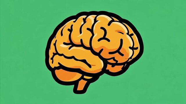 Animated cartoon brain with bold black outline and bright orange lobes on a vibrant green