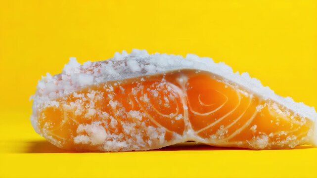 Fresh salmon fillet gradually encrusted with salt on vibrant yellow background