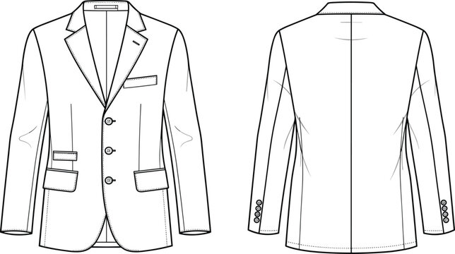 Professional Menswear Technical Sketch of a Classic Three-Button Blazer Suit Jacket Featuring Front and Back Views with Notch Lapels Flap Pockets and Welt Chest Pocket Fashion Vector Template