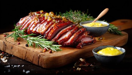 Gourmet Ham Feast: A culinary masterpiece awaits, showcasing a succulent, glazed ham, expertly sliced and arranged on a rustic wooden board, complemented by exquisite sauces and aromatic herbs.