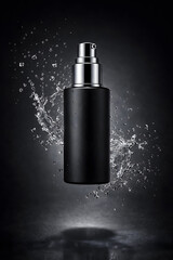 Black spray bottle with water splash on dark background