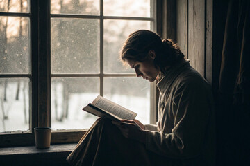 Person Reading Book by Window in Dim Light Symbolizing Lenten Study