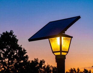 Solar powered street lamp glowing at sunset. Sustainable energy, eco-friendly, outdoor lighting, twilight sky, renewable resource, green technology, urban infrastructure.
