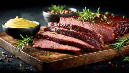 Delectable Gourmet: Succulent slices of perfectly cooked brisket, beautifully presented on a wooden cutting board with vibrant herbs, a rich mustard sauce and a hint of peppercorns.
