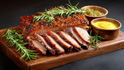 Savory Roasted Pork Belly: Close-up of a delectable sliced pork belly, garnished with rosemary sprigs, and served alongside bowls of flavorful sauces.
