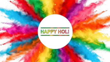 A vibrant celebration of Holi with colorful powder exploding in the background on transparent background