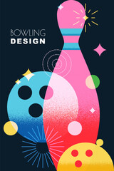 Bowling banner. Vector illustration of balls, pin, fireworks. Modern background for sport club, tournament poster design