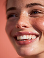 Fototapeta premium Natural joyful young woman with freckles smiling brightly showing perfect teeth and healthy glowing skin on a warm coral background