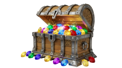 Open Wooden Treasure Chest Full of Colorful Gemstones and Gold Coins isolated on Transparent Background