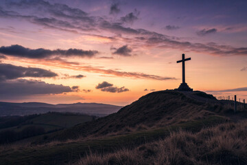 Distant Cross on Hill at Dusk Symbolizing Lenten Journey