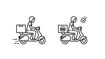 Food delivery riders on scooters with packages and checkmark