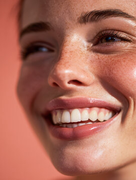 Natural joyful young woman with freckles smiling brightly showing perfect teeth and healthy glowing skin on a warm coral background