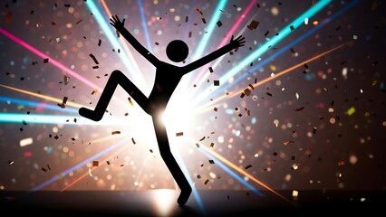 Silhouette of a person celebrating with arms raised in a festive light show